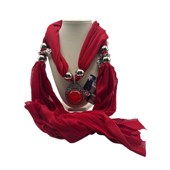 Unknown Accessories - Red and silver scarf with a red pendant